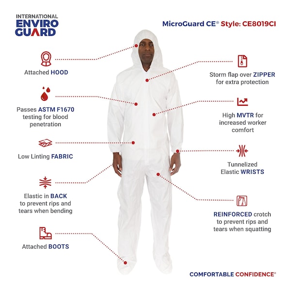 International Enviroguard Disposable Coveralls, Hooded, M, MicroGuard CE(R), Zipper, Elastic Cuff, Attached Boots Ankle - CE8019CI-M