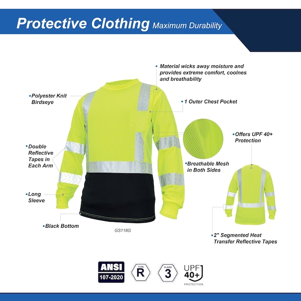Ge HV Safety T-Shirt, Long Sleeve, Black Bottom, XL - GS118GXL