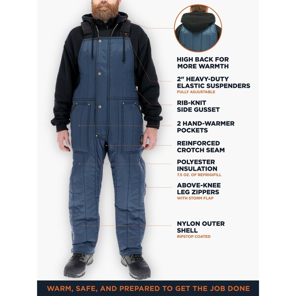 Refrigiwear Cooler Wear Bib Overalls, Ripstop Coated Nylon, Navy, XL - 0585RNAVXLG