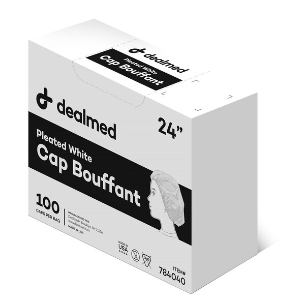 Dealmed Bouffant Cap, 24", Pleated, White, 100/Bag, 10/Cs, 1000PK - 784040