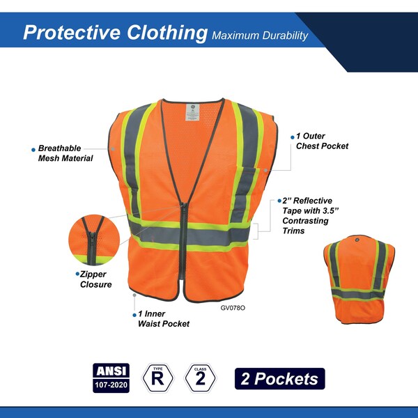 Ge Orange Safety Vest W/Contrast TRIMS - 2 POCKETS  L - GV078OL