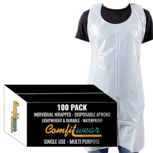 Comfitwear 100 Pack Box Large White Commercial Plastic Disposable Aprons Throw Away Waterproof Aprons, 100PK - EL-5VXY-5YFO