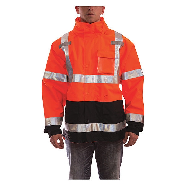 Tingley High Visibility Rain Jacket with hood, Polyester, Class 3 R, Orange, 4XL - J24129