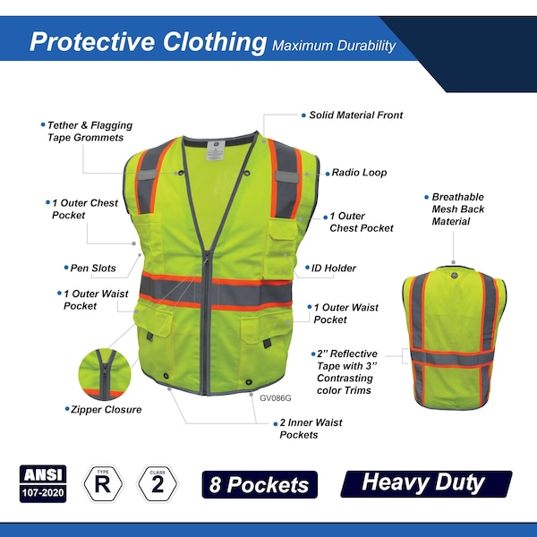 Ge Hi-Vis Safety Vest L Class 2 , Zipper 8 Pockets, ID Window - GV086GL