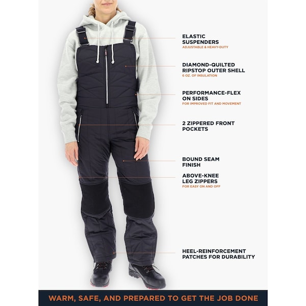 Refrigiwear Women's Bib Overalls, Quilted Ripstop, Black, M - 0425RBLKMED