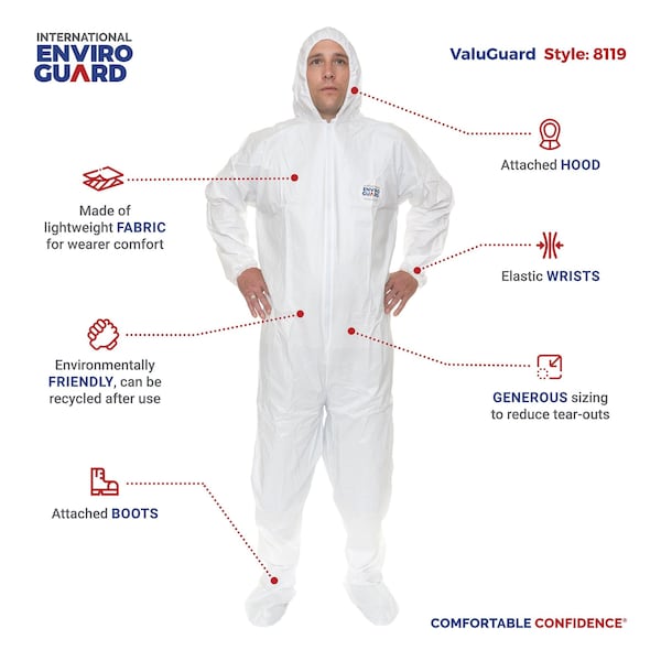International Enviroguard Coverall, w/Hood, Boot, XL, White, PK25 - 8119