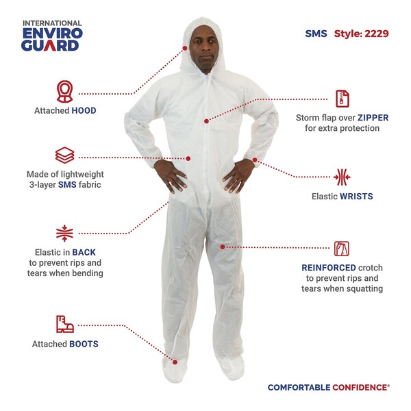 International Enviroguard Disposable Coverall, Hooded, 2XL, SMS, Zipper, Elastic Cuff, Attached Boots Ankle, Serged Seam - 2229
