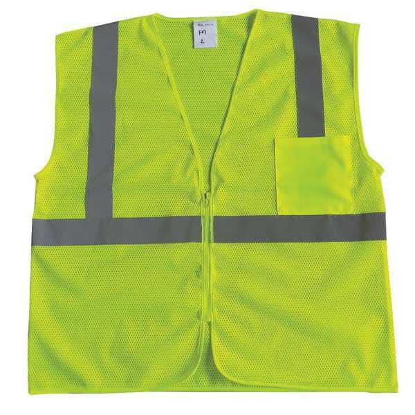 Condor High Visibility Vest, ANSI Class 2, Mesh Polyester, U-Back, Zipper, 1 Pocket, Lime, L - 53YL18