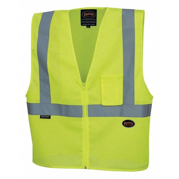 Pioneer Safety Vest, Polyester Mesh, ANSI Class 2, Zipper Closure, Cell Phone Pocket, Lime, L - V1060360U-L