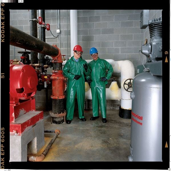 Tingley Flame Resistant Coverall Rain Suit, PVC, 17 mil Thick, Attached Hood, Green, XL - V41108