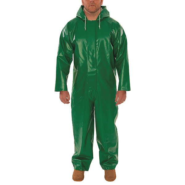 Tingley Flame Resistant Coverall Rain Suit, PVC, 17 mil Thick, Attached Hood, Green, XL - V41108