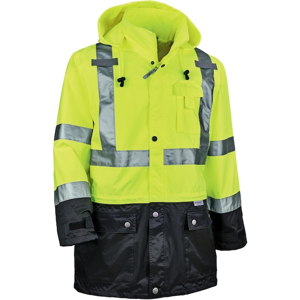 Ergodyne Hi-Vis Rain Jacket, Polyester/Polyurethane Coating, Class 3 Type R, Lime/Black, S - 8365BK