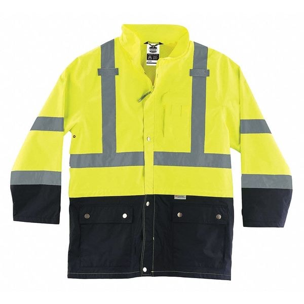 Ergodyne Hi-Vis Rain Jacket, Polyester/Polyurethane Coating, Class 3 Type R, Lime/Black, S - 8365BK