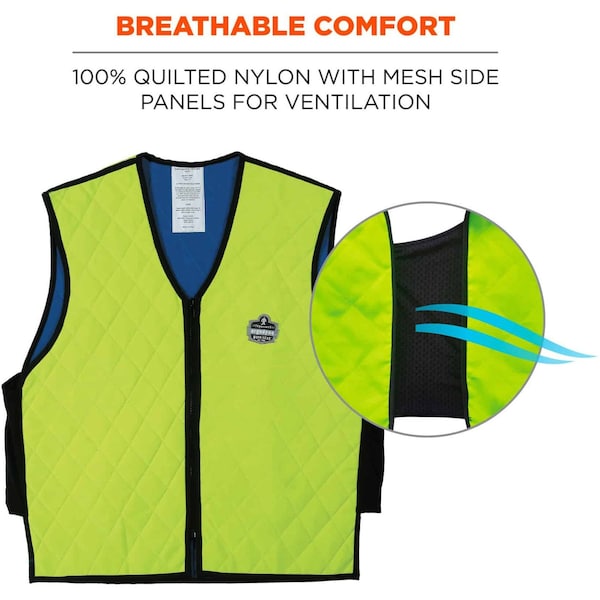 Ergodyne Cooling Vest, Evaporative-Soak, Quilted Nylon w/ Mesh Sides, Up to 4 Hr Cooling Time, Lime, XL - 6665