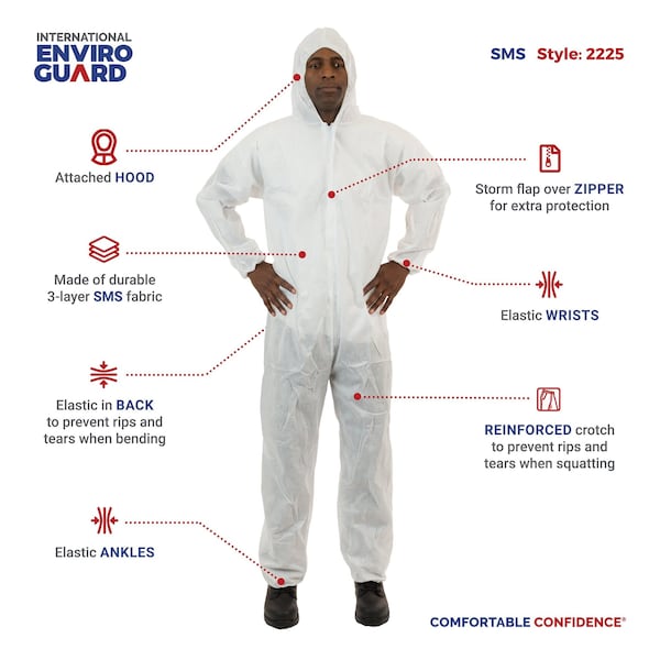 International Enviroguard Disposable Coverall, Hooded, 2XL, SMS, Zipper, Elastic Cuff, Elastic Ankle, Serged Seam - 2225