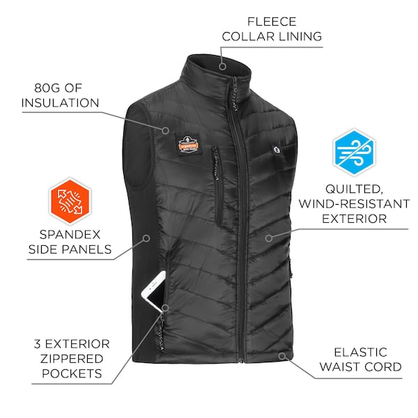 Ergodyne Rechargeable Heated Vest with Battery, Black, Size L - 6495