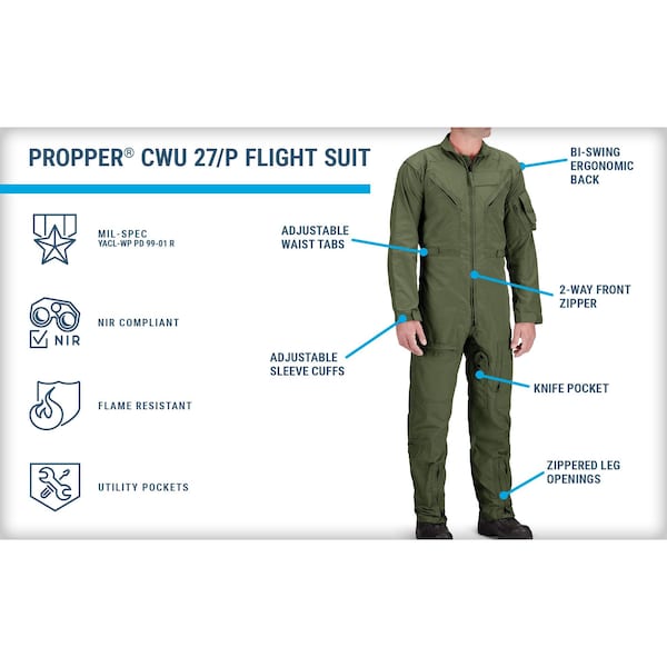 Propper Flight Suit, Nomex(R), 4.5 oz Fabric Weight, 30 1/8 in Inseam, Black, 34 Regular - F51154600134R