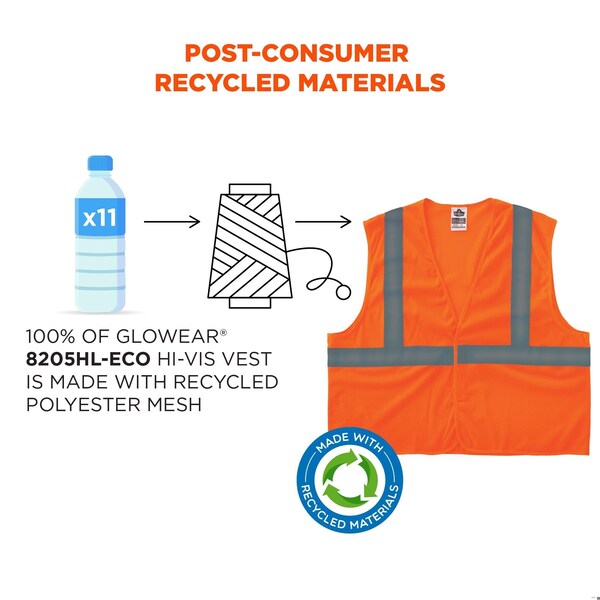 Ergodyne Recycled Hi-Vis Safety Vest, Class 2, Orange, S/M - 8205HL-ECO