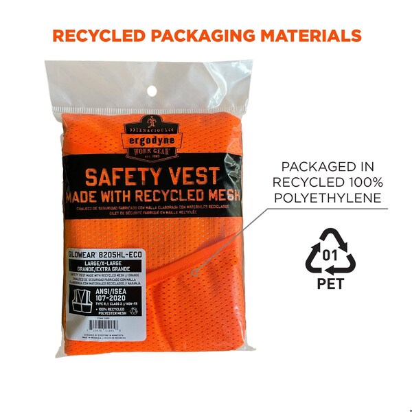 Ergodyne Recycled Hi-Vis Safety Vest, Class 2, Orange, S/M - 8205HL-ECO