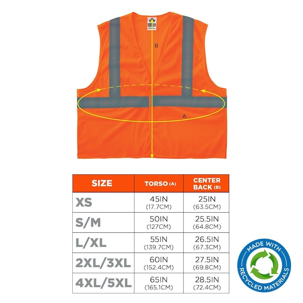 Ergodyne Recycled Hi-Vis Safety Vest, Class 2, Orange, S/M - 8205HL-ECO