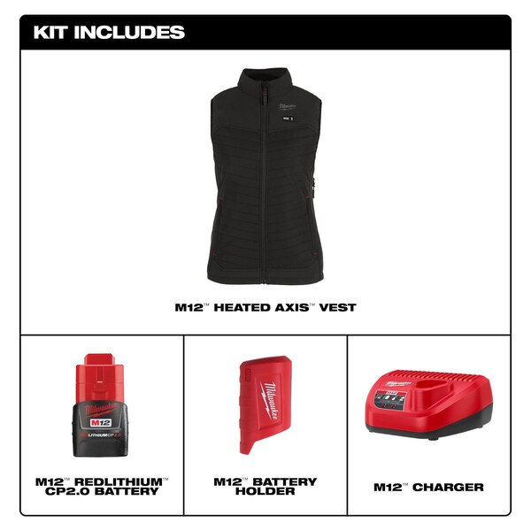 Milwaukee Tool Axis Heated Vest, Polyester, 2 to 8 hours Heating Time, 3 Heat Settings, Black, M - F300B-21M