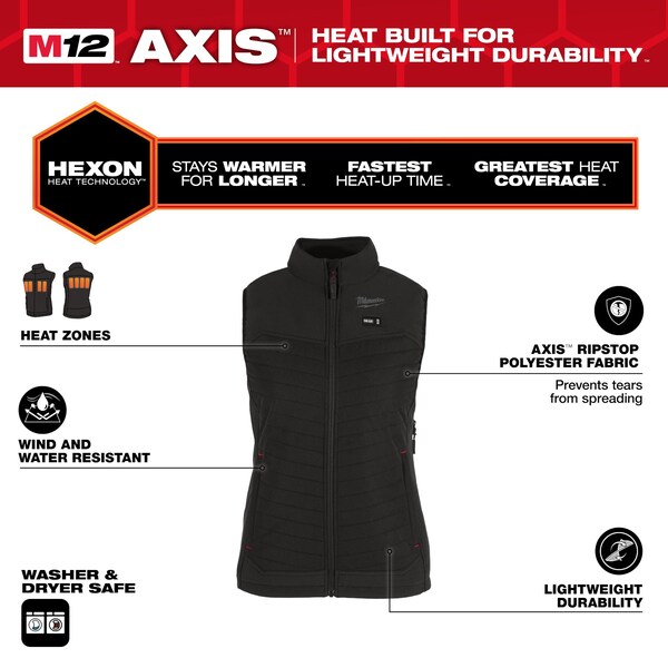 Milwaukee Tool Axis Heated Vest, Polyester, 2 to 8 hours Heating Time, 3 Heat Settings, Black, M - F300B-21M