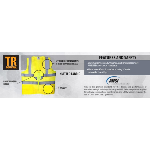Tr Industrial Yellow High Visibility Reflective Class 2 Safety Vest, L - TR88001