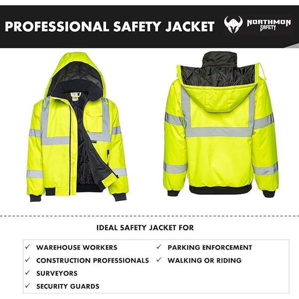 Northmon Safety Hi-Vis Bomber Rain Jacket, 100% Polyester 300D Oxford, Class 3 Safety Yellow, XL - NM-SJ-100-YW-XL