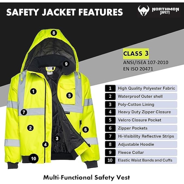 Northmon Safety Hi-Vis Bomber Rain Jacket, 100% Polyester 300D Oxford, Class 3 Safety Yellow, XL - NM-SJ-100-YW-XL