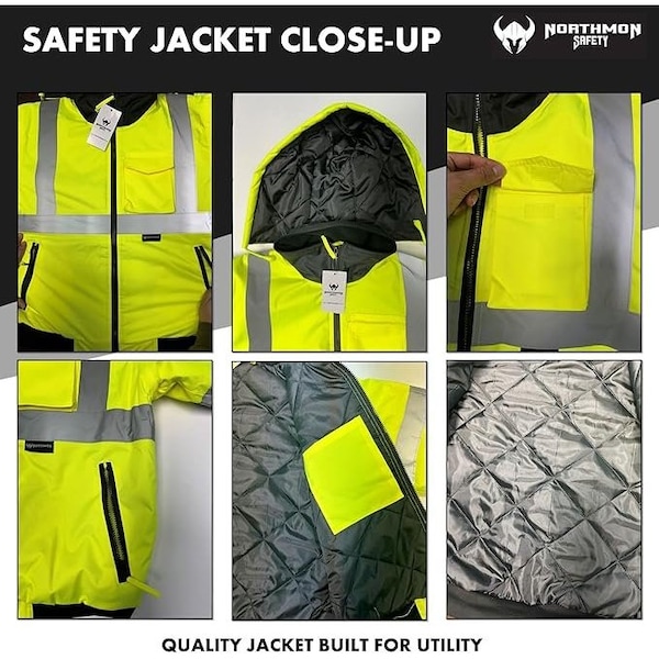 Northmon Safety Hi-Vis Bomber Rain Jacket, 100% Polyester 300D Oxford, Class 3 Safety Yellow, XL - NM-SJ-100-YW-XL
