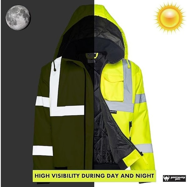 Northmon Safety Hi-Vis Bomber Rain Jacket, 100% Polyester 300D Oxford, Class 3 Safety Yellow, XL - NM-SJ-100-YW-XL