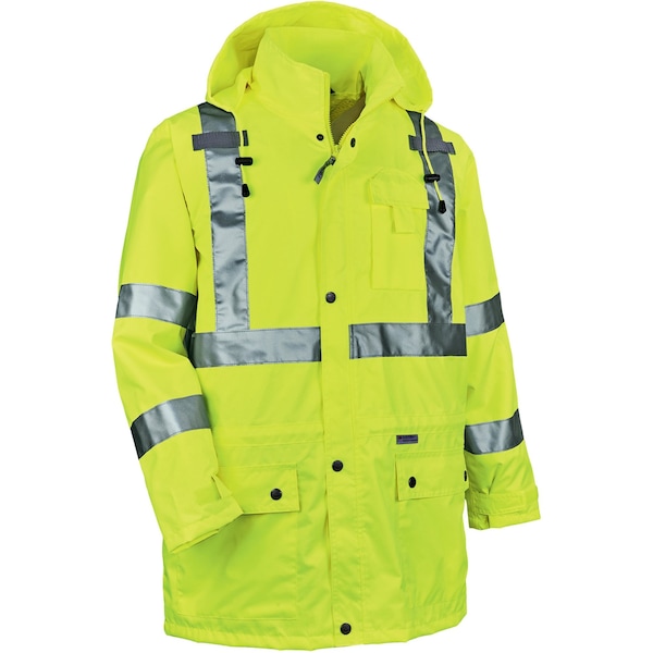 Ergodyne Rain Jacket with Hood, Polyester, Class 3 Type R, Yellow/Green, XL - 8365