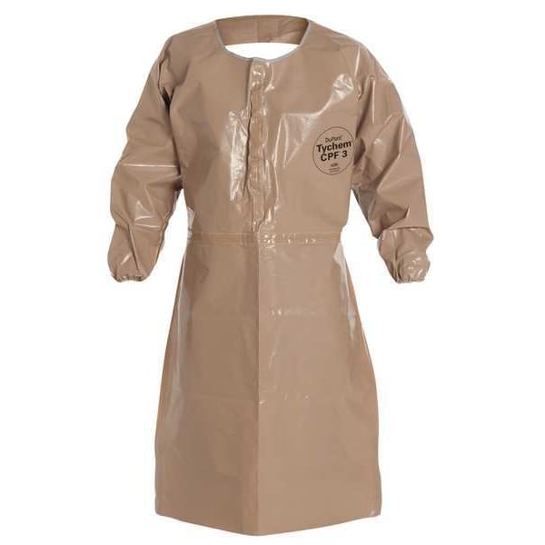 Dupont Sleeved Apron. Elastic Wrists. 44" Long. Neck Loop w/ Snaps, Waist Ties. Tan. 2X - C3275TTN2X000600