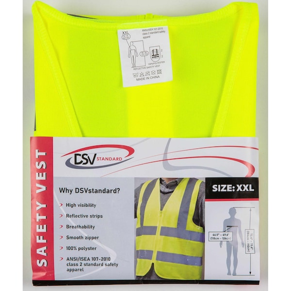 Dsv Standard Hi-Vis Safety Vest 2XL Class 2 , Zipper - 85113