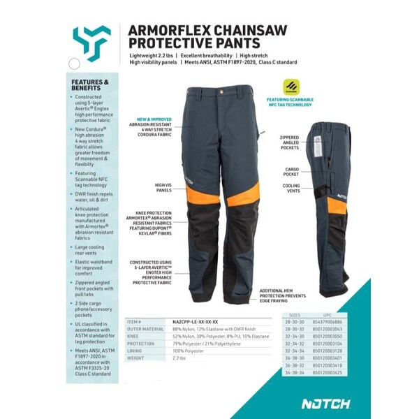 Notch Armorflex II Chainsaw Protective Pants 32-34 in. Waist, 32 in. Inseam - NA2CP-32-34-32