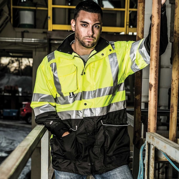 Game Workwear Hi-Vis 6-in-1 Jacket, 100% Polyester PU Coated Fabric, Hi Vis Lime, M - 1355