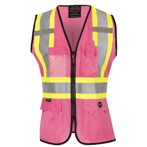 Pioneer Women's Hi-Vis Tricot Poly Interlock Safety Vest, Zipper Closure, Pink, 3XL - V1021840U-3XL