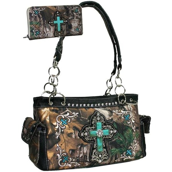 Gold Rush Gold Rush CRL682WC82SET-CAM - BK Western Camouflage Embroidered Cross Purse Wallet Set with Black Trim - Cam & Black - CRL682WC82SET-CAM/BK