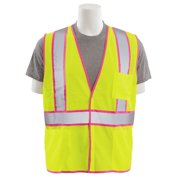 Deltaplus Safety Vest, Unisex, Mesh, Class 2, S730, Hi-Viz Lime w/Pink Trim, XL - 63324