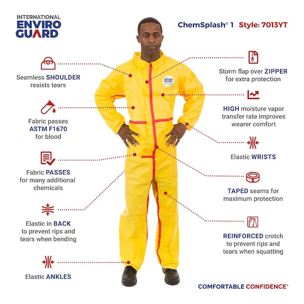 Chemsplash Chemical Resistant Coverall, Collared, XL, Non-Woven Laminate, Zipper, Elastic Cuff, Elastic Ankle - 7013YT-XL