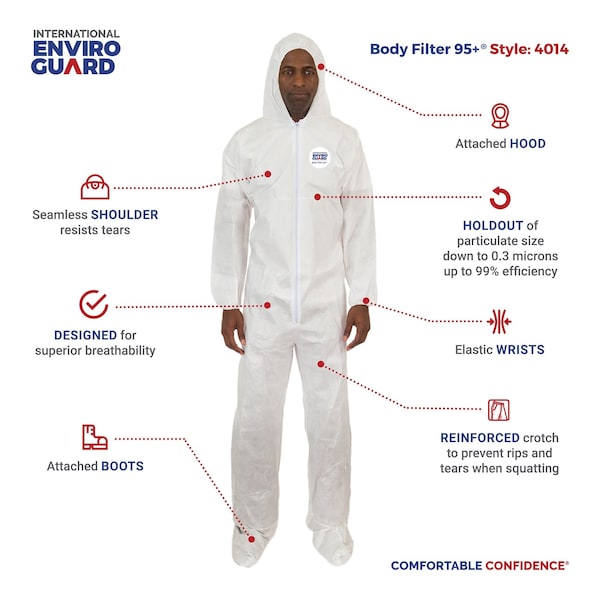Bodyfilter 95+ Disposable Coveralls, Hooded, 3XL, Non-Woven Laminate, Zipper, Elastic Cuff, Attached Boots Ankle - 4014-3XL