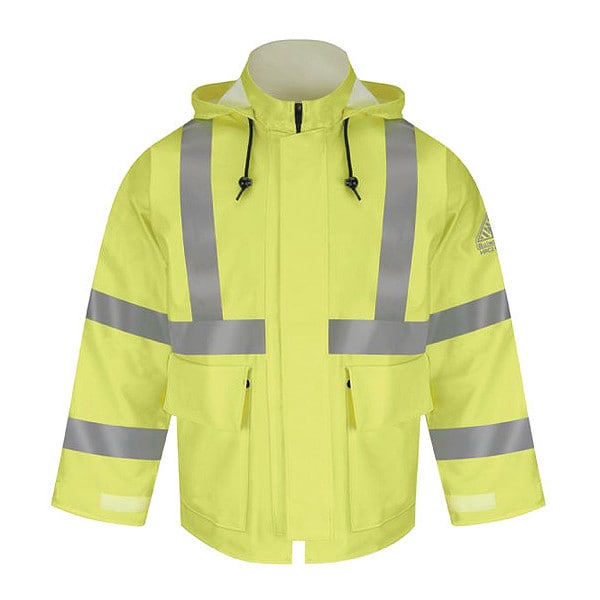 Bulwark Hi-Vis Rain Jacket, Polyurethane on FR Treated Cotton, Hi-Vis Yellow, M - JXN4YE RG M