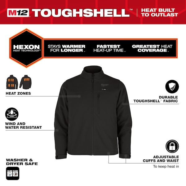 Milwaukee Tool M12 Heated TOUGHSHELL Men's Jacket, Black, Heats 3 to 12 Hours, 3 Outside Pockets, 2XL - M100B-212X