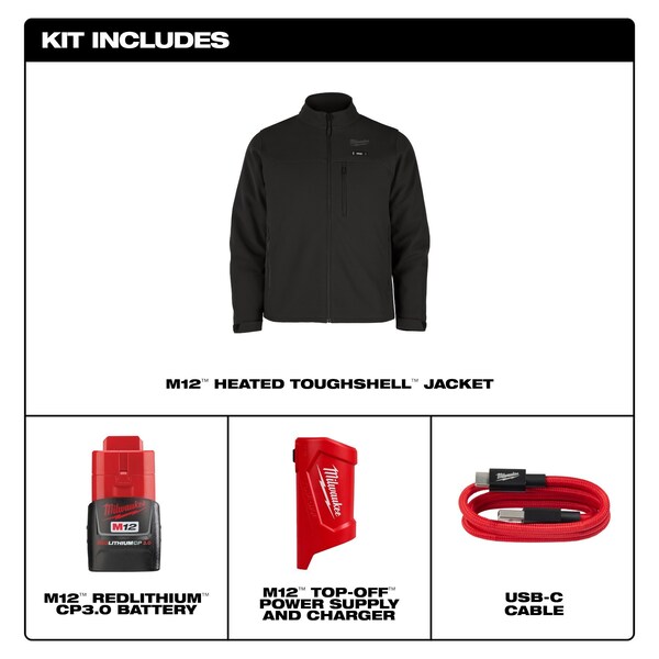 Milwaukee Tool M12 Heated TOUGHSHELL Men's Jacket, Black, Heats 3 to 12 Hours, 3 Outside Pockets, 2XL - M100B-212X
