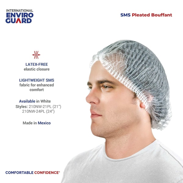 International Enviroguard SMS Pleated Bouffant Cap, SMS, 24 in Dia., White, L, 1000 PK - 210NW-24PL