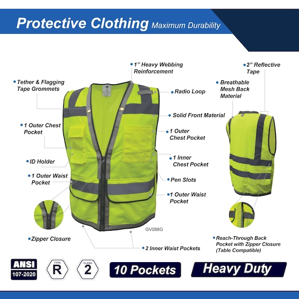Ge Green Surveyor Vest, Reflective Tape 10 Pockets, L - GV088GL