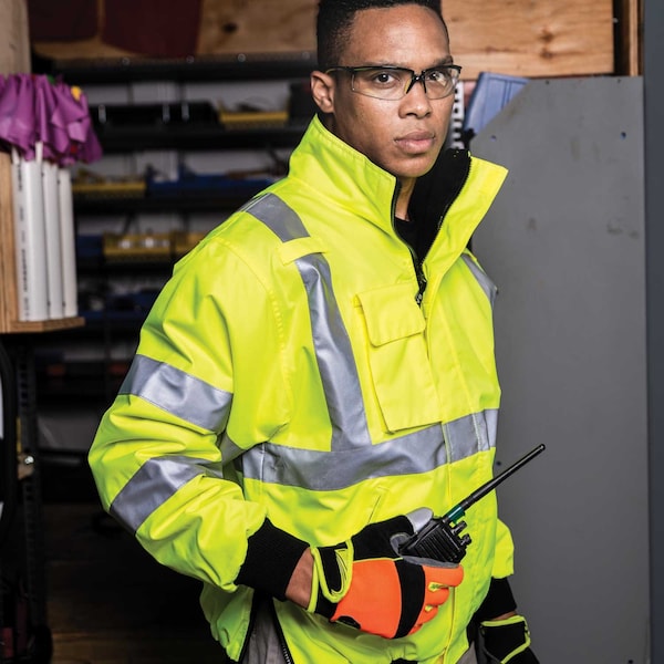 Game Workwear Hi-Vis Bomber Jacket, 100% Heavyweight Polyester Oxford, Hi Vis Lime, L - 1333
