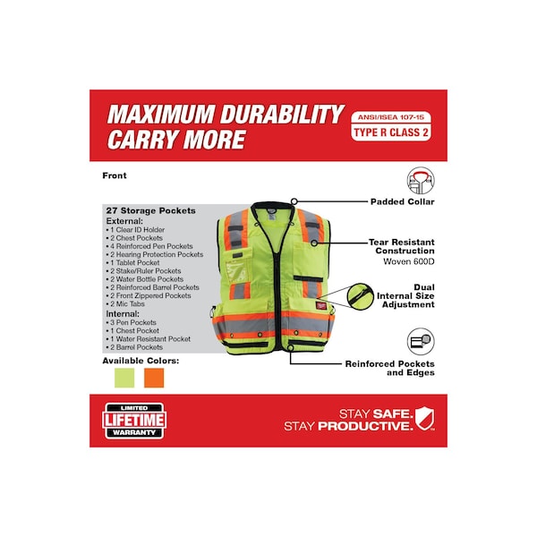 Milwaukee Tool Class 2 Surveyor's High Visibility Yellow Safety Vest - Small/Medium - 48-73-5161