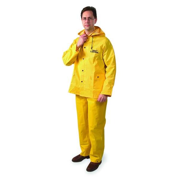 Condor 3-Piece Rainsuit with Detachable Hood, PVC, 13.8 mil Thick, Snap-On (Included), Yellow, XL - 5T914
