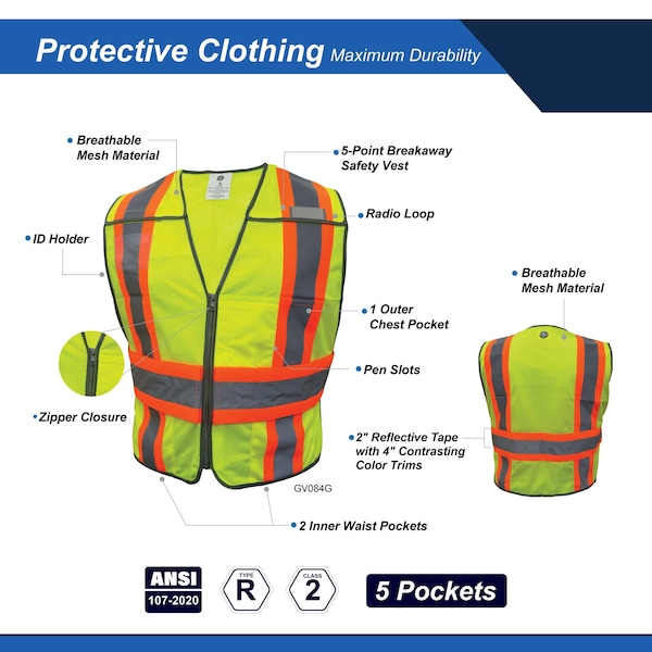 Ge Green 5 POINT Breakaway Safety Vest, 5 Pockets, XL - GV084GXL